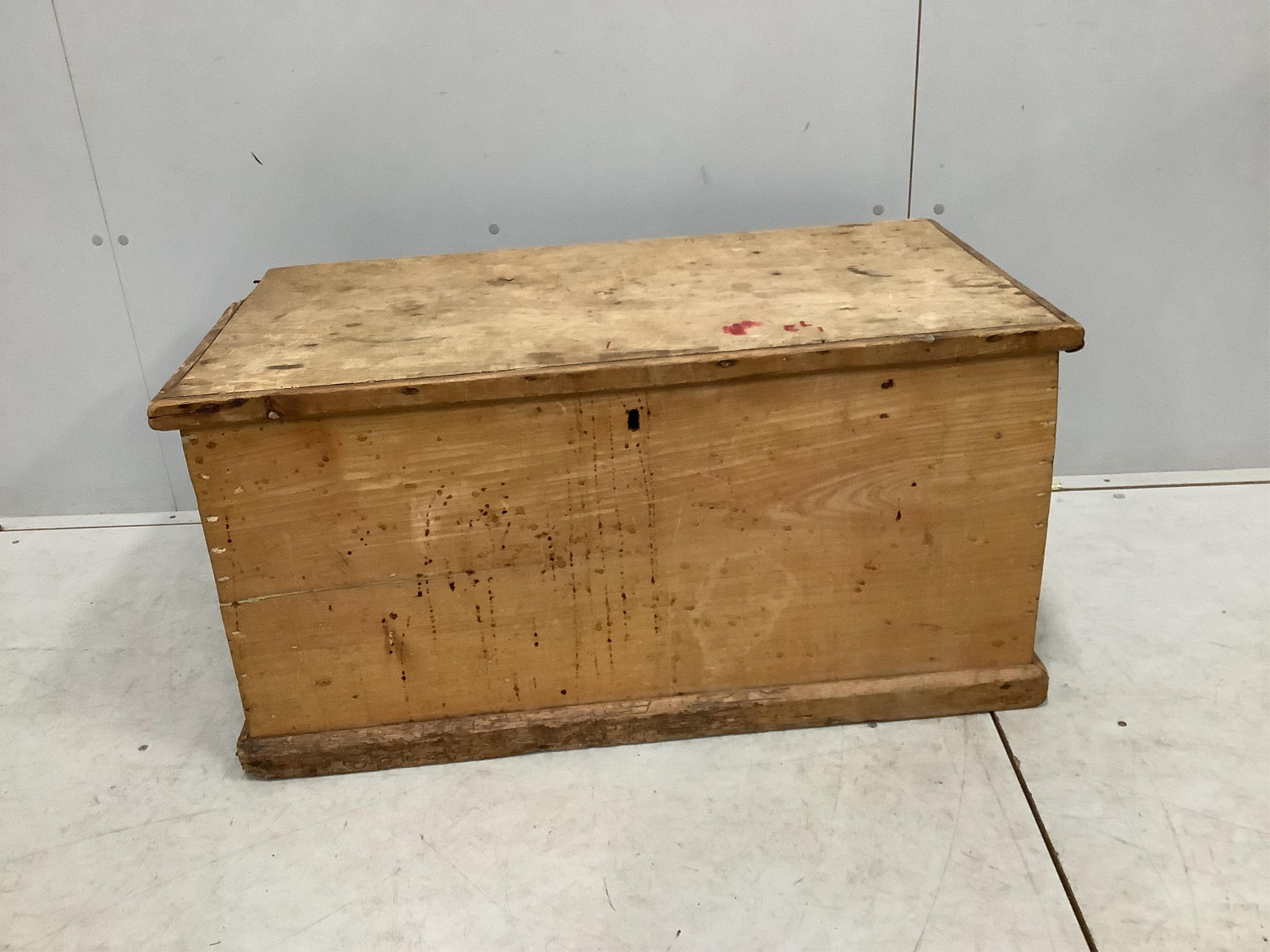 A Victorian rectangular pine trunk, width 94cm, depth 50cm, height 47cm. Condition - poor to fair